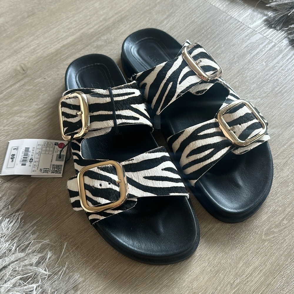 Zara Zebra leather Birkenstock slide sandals NWT sz 40